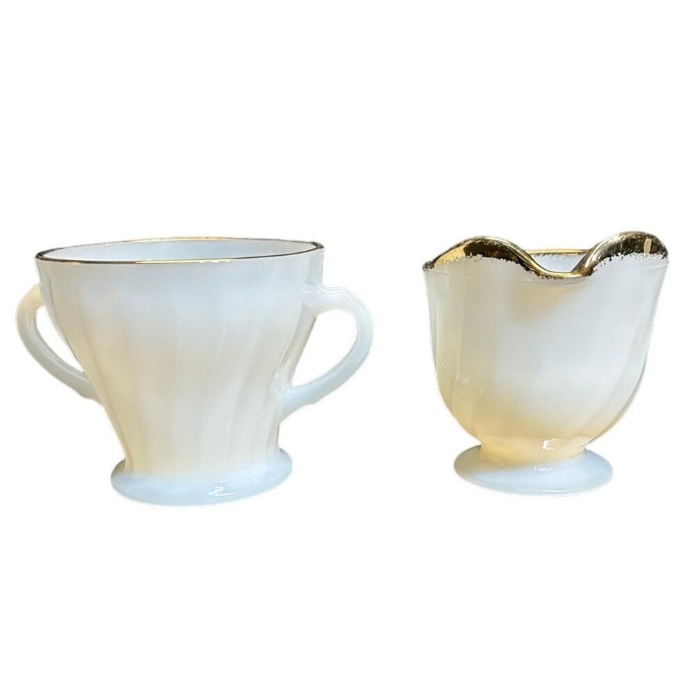 Vintage Anchor Hocking Fire King Swirl Gold Trim Milk Glass Sugar & Crea…